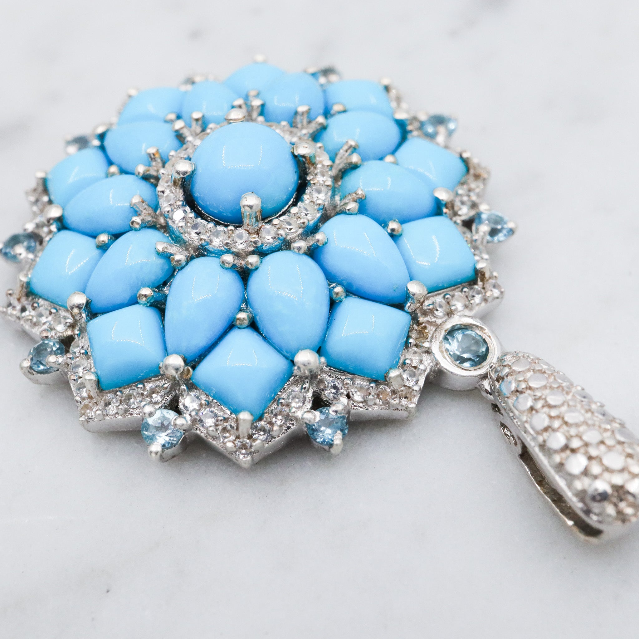 Vintage sterling silver turquoise, blue topaz, & zircon mandala pendant